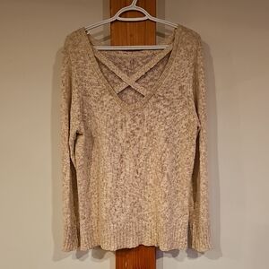 Pink Rose Beige Knit Sweater with Crochet Slit Accents XL